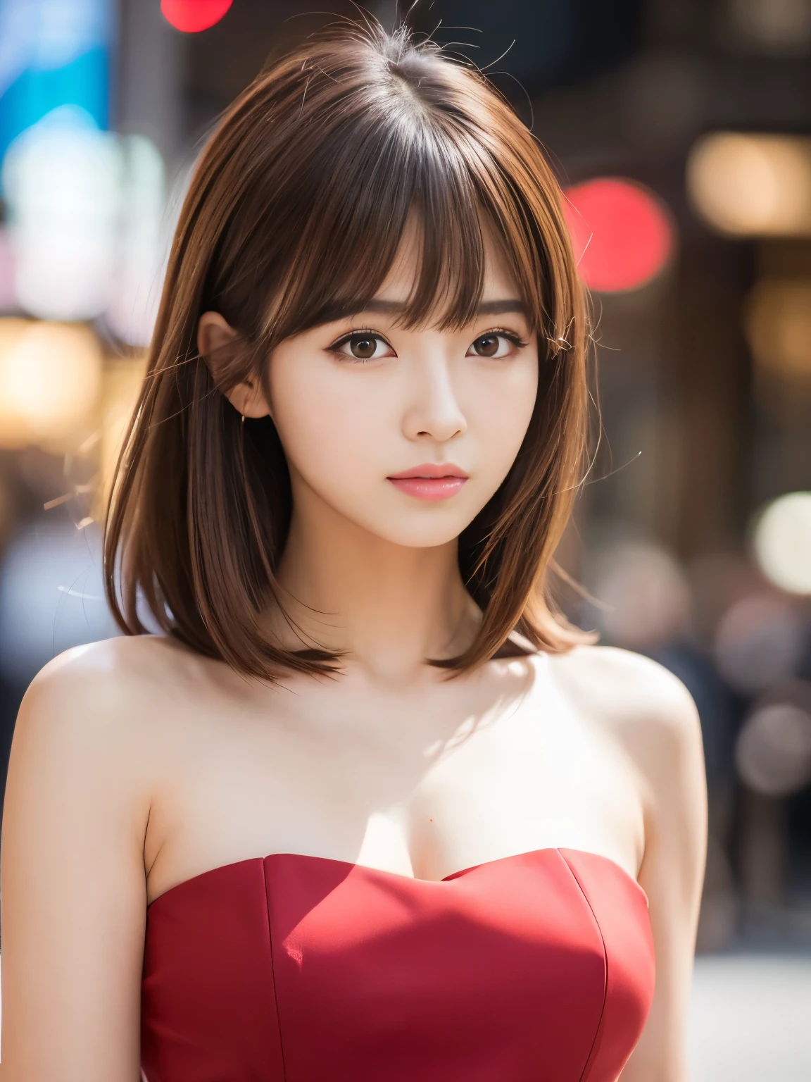 Ultra-high resolution, Superior Quality, Highest quality, Super detailed, Realistic, 8K, RAW Photos, Highest quality, masterpiece, Attractive girl, A wonderful girl, Brown Hair, Shoulder-length layered, Asymmetrical bangs, Medium build, K-Pop Idols, Sophisticated, stylish, Red dress,Shibuya Ward, 