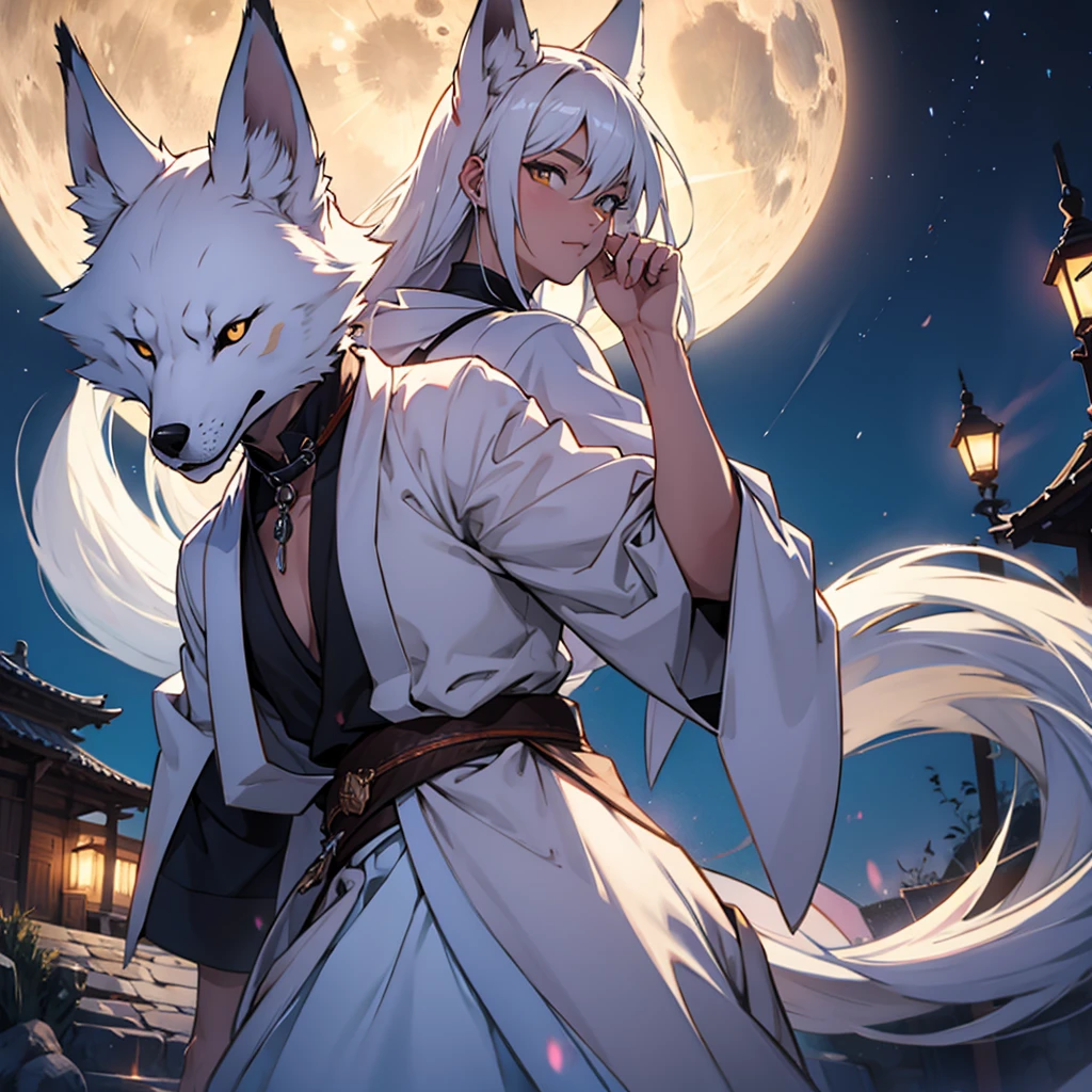 Moonlit night, A white fox with nine tails runs