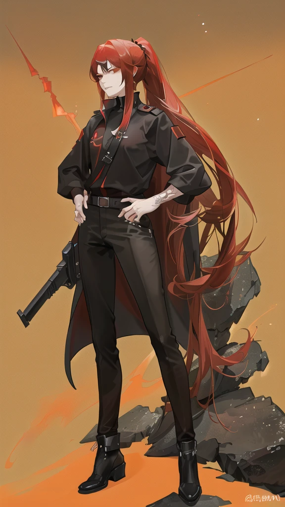 Anime androgynous person, adult, red long hair, in ponytail, looks serious evil, meteor falling in the background, wearing black shirt with red outer, one person, tattoos 