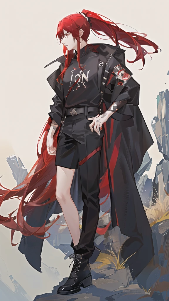 Anime androgynous person, adult, red long hair, in ponytail, looks serious evil, meteor falling in the background, wearing black shirt with red outer, one person, tattoos 