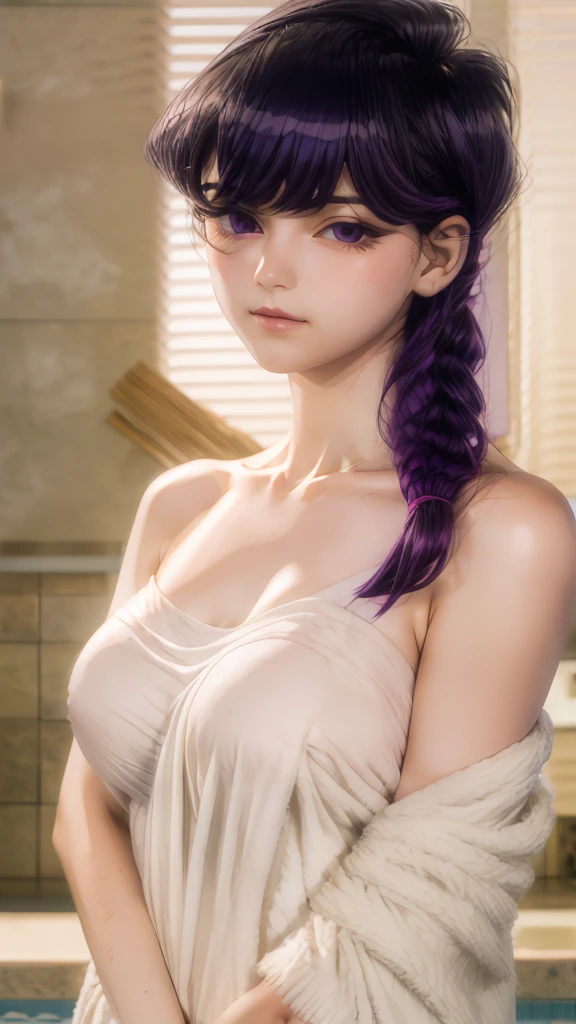 shokokomidef, purple hair, purple eyes, long hair,
looking at viewer, blush, bangs, towel, collarbone, breasts, naked towel, bare shoulders, upper body, warm light, hotsprings
masterpiece, best quality, clear eyes, perfect eyes