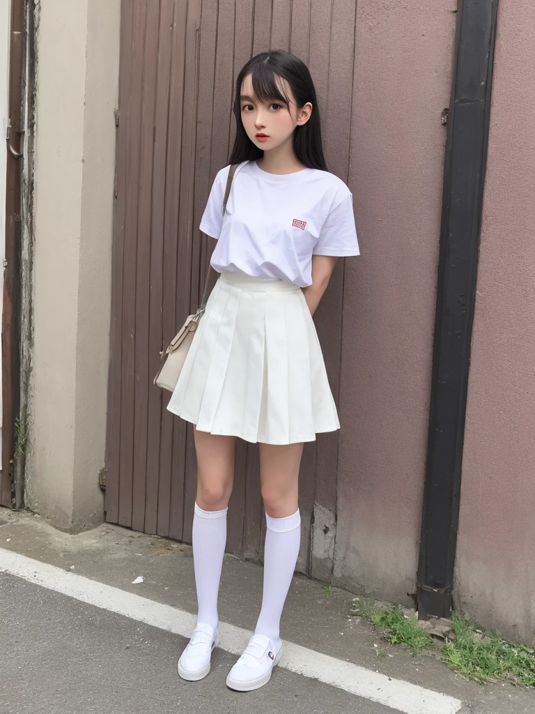 A woman wearing white knee-high socks、White T-shirt、White mini skirt、Japanese、Standing posture、The whole body is in it、Highest quality、Looking this way、15 years old