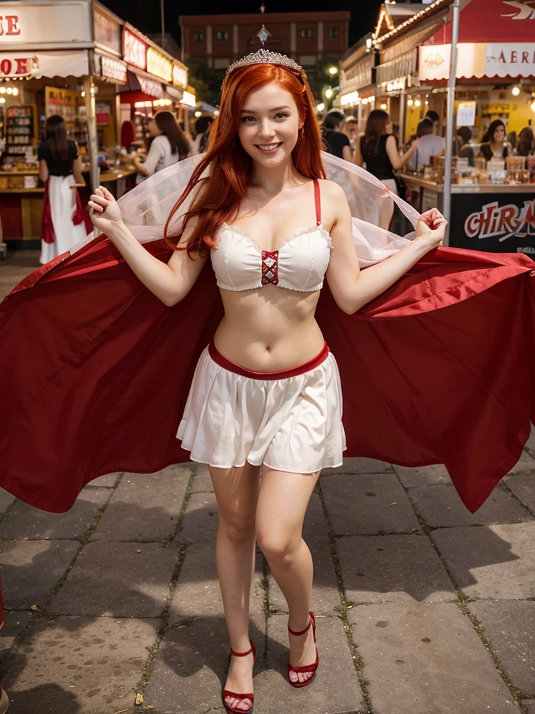 beautiful girl, cherry red hair, fair skin, smiling, dressed like princess, fullbody