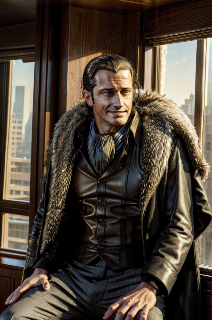 masterpiece, best quality, extremely detailed, hyperrealistic, photorealistic, a cool 40s man, ultra detailed face:1.2, fur-trimmed coat, scarf around the neck, his left hand is a golden pirate hook:1.1, ultra detailed office, the view from high-rise, sunshine, sly smile, sitting, dynamic pose, dynamic angle