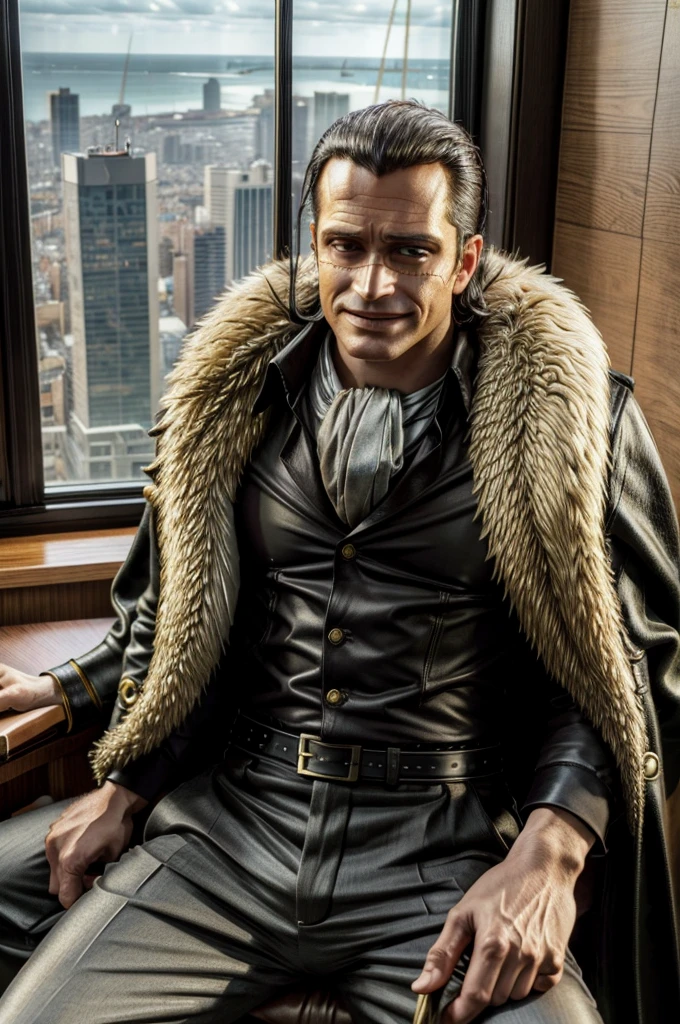 masterpiece, best quality, extremely detailed, hyperrealistic, photorealistic, a cool 40s man, ultra detailed face:1.2, fur-trimmed coat, scarf around the neck, his left hand is a golden pirate hook:1.1, ultra detailed office, the view from high-rise, sunshine, sly smile, sitting, dynamic pose, dynamic angle
