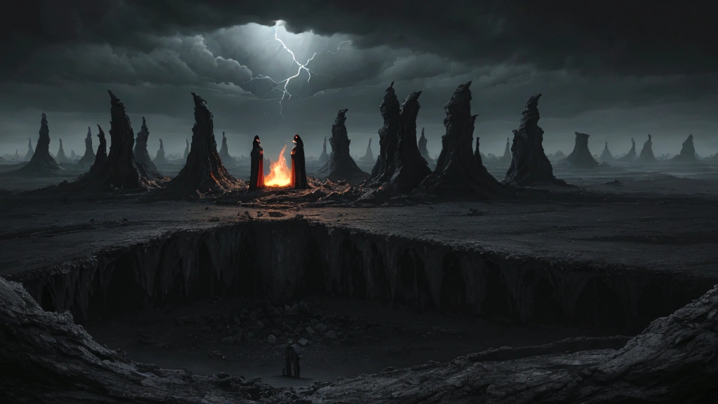 "A dark, foreboding landscape representing the abyss where the souls of the unrighteous dwell, separated from God's light. The souls are depicted as shadowy, restless figures, with expressions of anxiety and anticipation. The atmosphere is heavy and oppressive, with dark clouds swirling overhead and distant, fiery glows hinting at the judgment to come. This scene conveys a sense of separation, unease, and the looming reality of final judgment."