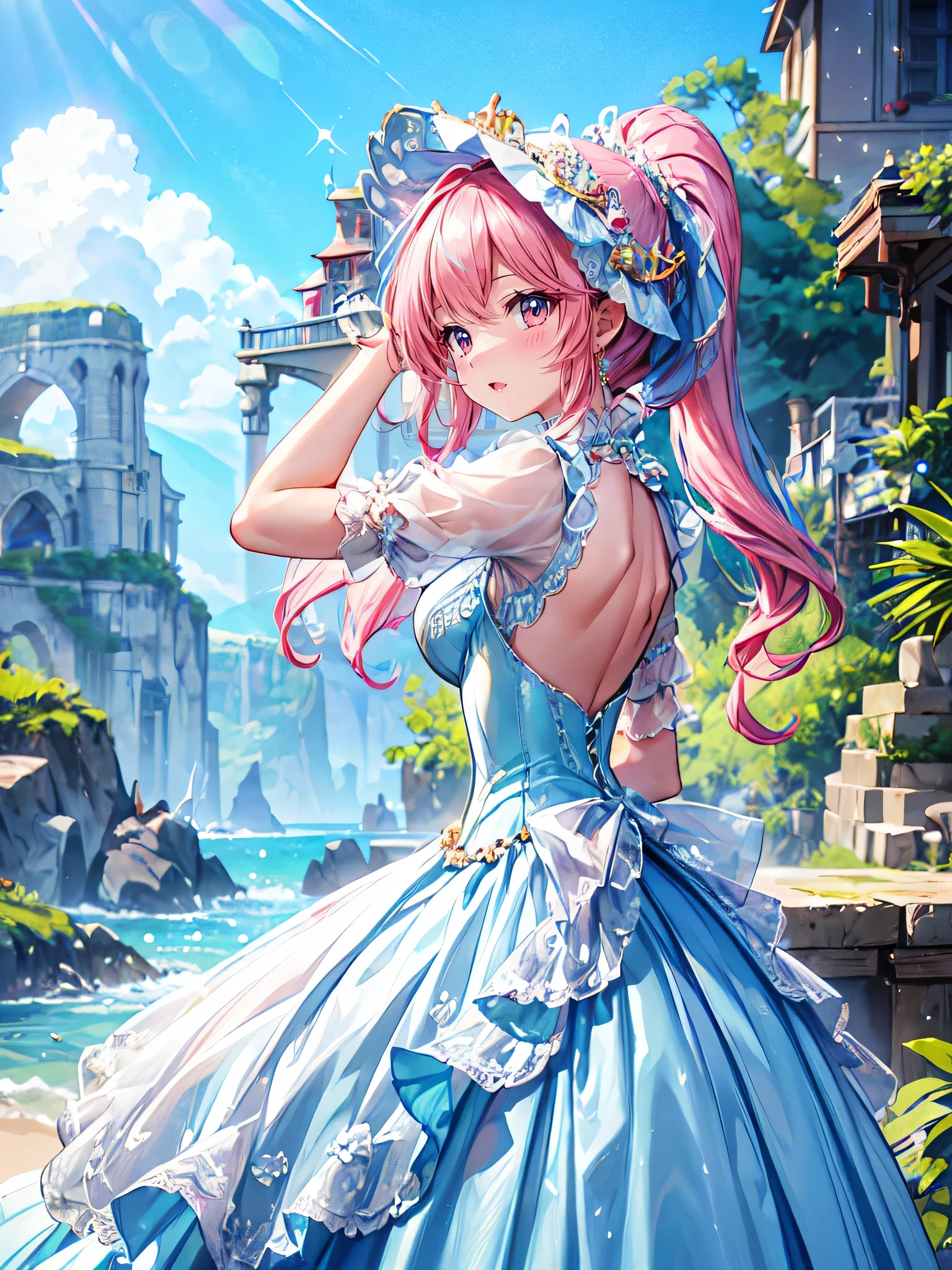(((young face solo Captivating Adorable princess))), (((dress aquamarine dress)))), (((Unsurpassed gorgeous rococo victorian gown with voluminous hoopskirt and long hems, princess style skirt))), (gown brilliances dazzlingly glitter reflective prismatic transparency gown:1.5), (gown ultra elaborate gown:1.5), (gown transparent gown:1.5), (((huge breasts))), breasts focus, breasts cleavage, (hair pink hair:1.3), (((ponytail fluffy long ponytail))), ((Expressive hair)), very voluminous and very long hair, bangs, super delicate and beautiful face, beautiful lips, (hyper detail delicate beautiful eyes blue eyes), hair ornament silver ornament, beautiful smile, ((portrait:1.5, upper body:1.5, arched back:1.8, arms behind back:1.5, smile:1.1, looking at viewer:1.5, from side:1.5)), (((Masterpiece, Super detail, top quality, ultra high res, Spectacular Quality, Distinguished Quality, ultra detailed, unity 16k))), (coastal view:1.5),