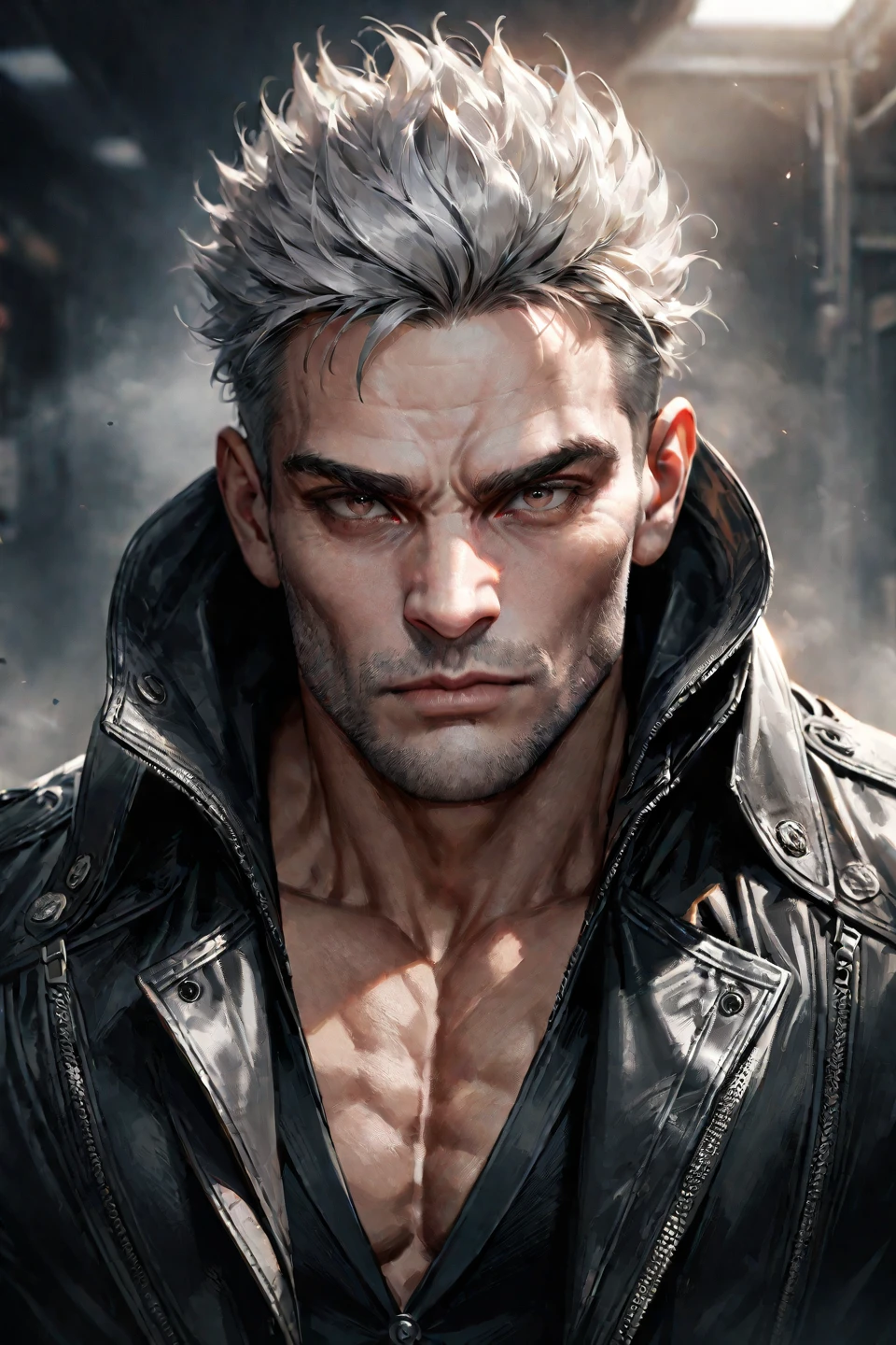 1boy, solo, male focus, realistic, upper body, jacket, closed mouth, coat, black jacket, looking at viewer, black coat, manly, spiked hair, grey hair --style 1 --preset 3, ((medium quality)), ((medium quality))