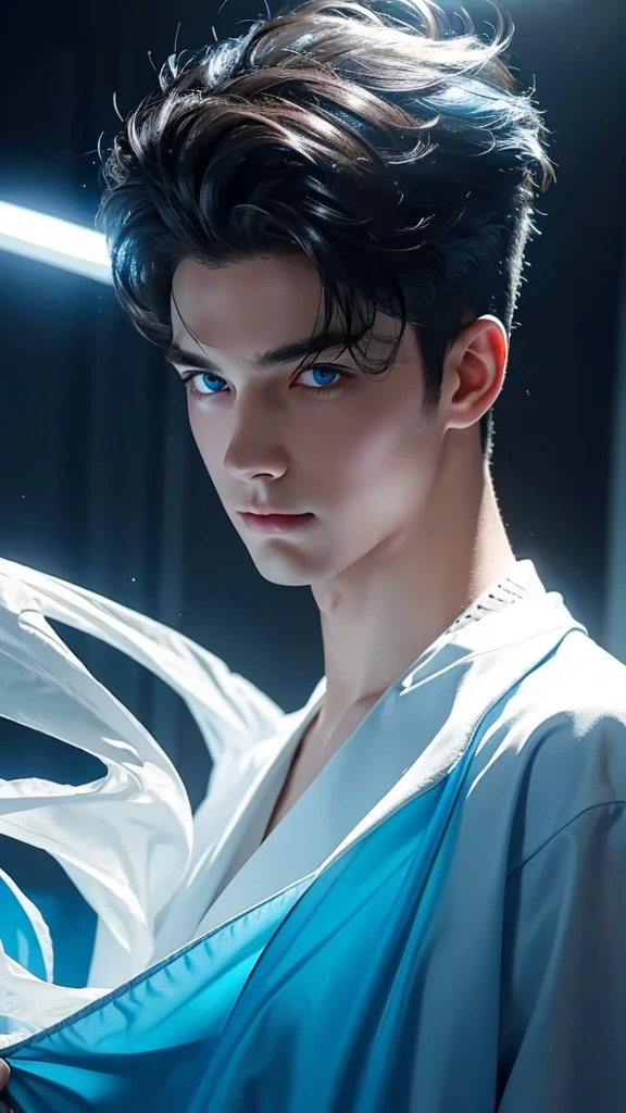 The handsome man's face loomed in a flashing blue light, His eyes are white, His hair looked as if it had just been washed and blow-dried, His eyes looked gloomily into the camera,The whole picture is like a blurry mirror,His silhouette has a lot of ghosting