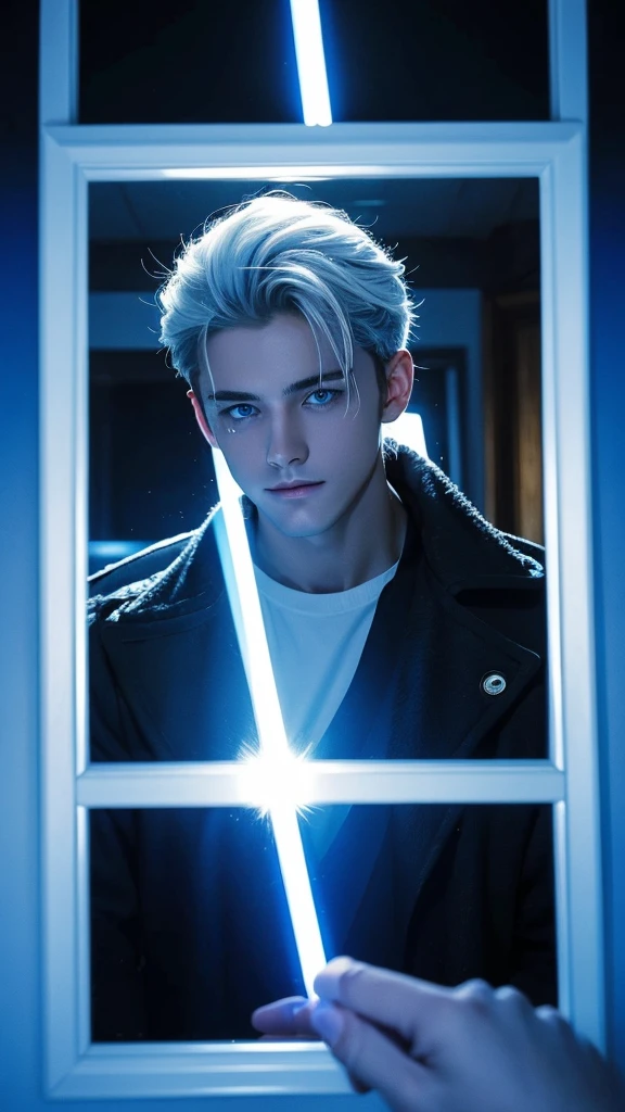 The handsome man's face loomed in a flashing blue light, His eyes are white, His hair looked as if it had just been washed and blow-dried, His eyes looked gloomily into the camera，The whole picture is like a blurry mirror，His silhouette has a lot of ghosting