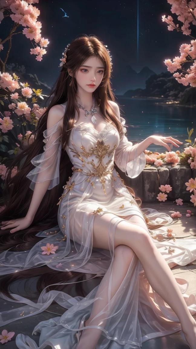 1girl, girl with long orange hair, smiling, cheerful, the girl wearing white long dress, girl is lie down among a wide expanse of flowers,girl posing gracefully , surrounded by beautiful flowers, Calm and peaceful atmosphere, night, moonlight , Beautiful glowing butterflies surround the girl lighting up the darkness of the night, magic,Romantic, the night breeze blows the Sepoi Sepoi girl's hair, 