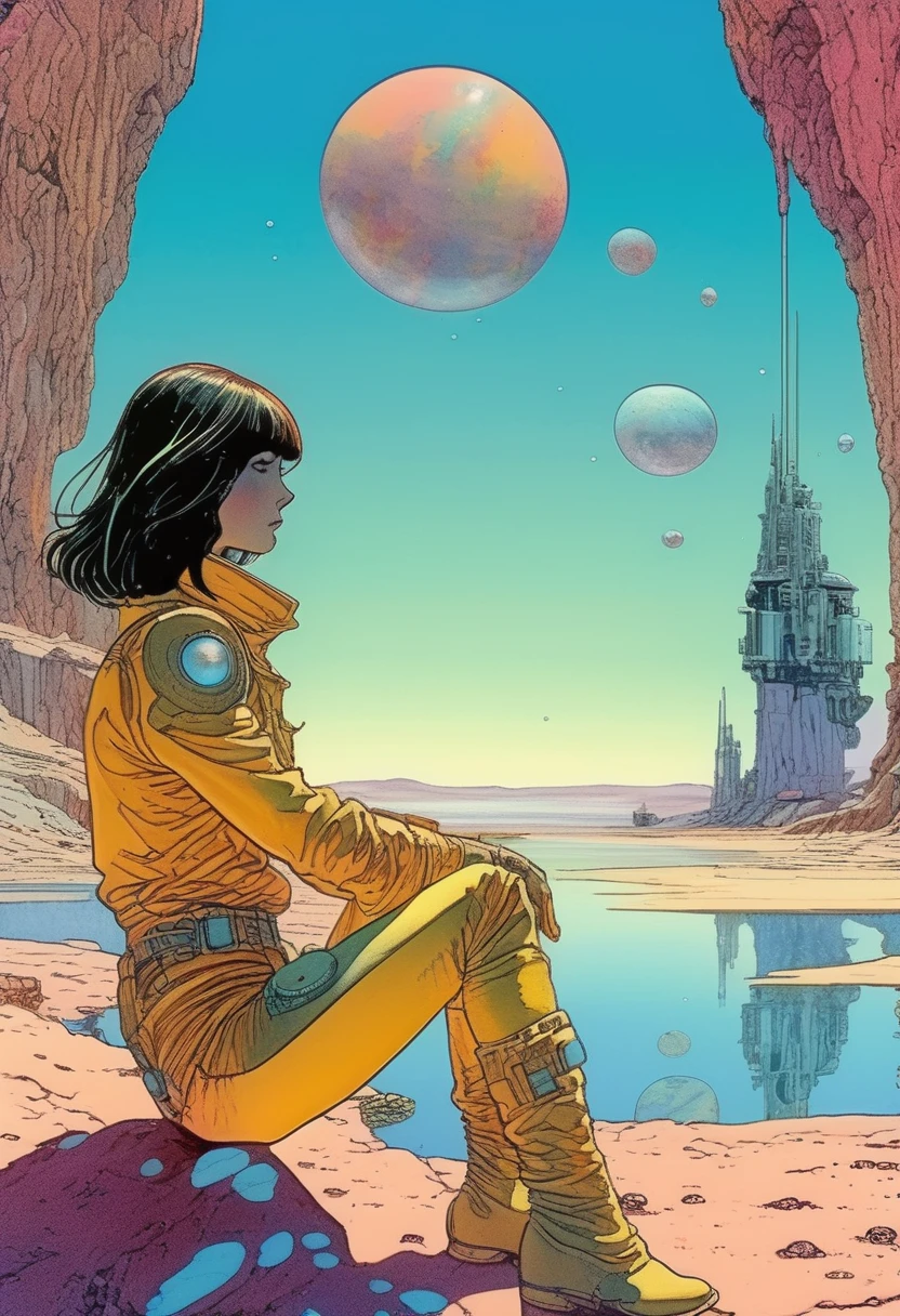 Mobis (Jean Giraud) Style - A picture by Jean Giraud Mobis, The picture shows an interstellar girl resting by the water., 巨大的恐龙骨骼背景western backdrop in Mobis' signature style with sharp detailing and vibrant colors. Shot with Panavision Panaflex Gold II and Ultra Panavision 70 lenses, The image is full of film grain and low-key lighting,It creates a mysterious and tense atmosphere.