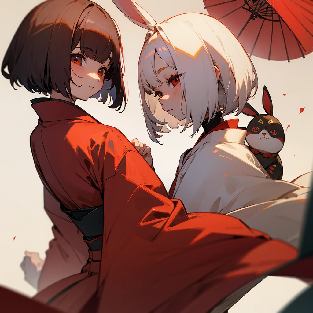 Red kimono, bob haircut, Okame, Daruma, rabbit, girl