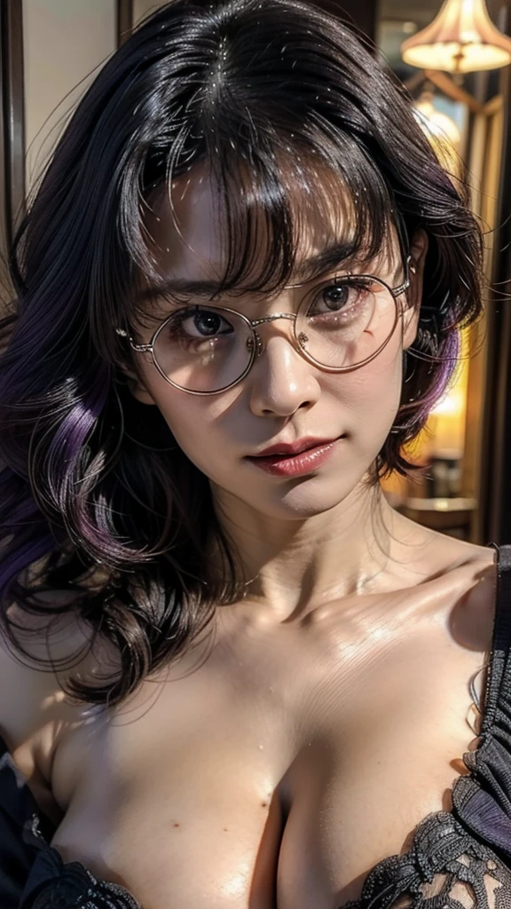 (  Absurdly , high quality , Super detailed:1.2 ) ,( Handcrafted details ) , (Highly detailed beautiful face:1.2),One girl, Mature Woman, ((Akina Nakamori)),masterpiece, spouse, goddess,short hair ,((Purple Hair)),Glasses,((Natural big breasts:1.4)),((Upper Body))