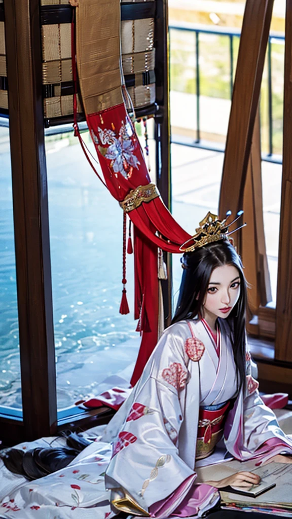 　A beautiful 15-year-old Japanese princess from the Sengoku period with long black hair　Gorgeous embroidery, Ultra glossy, She is wearing a shiny Edo-period princess kimono.　She's having sex　During the intense sex act, she ends up having a penis inserted into her pussy