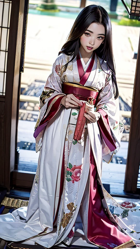 　A beautiful 15-year-old Japanese princess from the Sengoku period with long black hair　Gorgeous embroidery, Ultra glossy, She is wearing a shiny Edo-period princess kimono.　She's having sex　During the intense sex act, she ends up having a penis inserted into her pussy