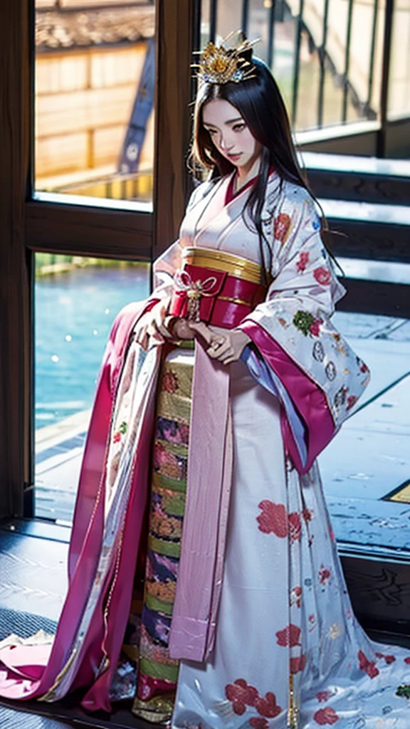 　A beautiful 15-year-old Japanese princess from the Sengoku period with long black hair　Gorgeous embroidery, Ultra glossy, She is wearing a shiny Edo-period princess kimono.　She's having sex　During the intense sex act, she ends up having a penis inserted into her pussy