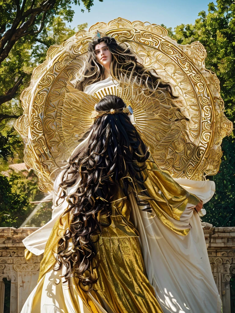 tall female goddess with perfect body, perfect face, royal robes, very long black curly hair, blowing hair. was drying clothes in the backyard of a magnificent palace. The goddess is surrounded by golden chakra rays, mystical aura, subtle wind elements. cinema art photography, cinematic film, 8k, super detail, bottom view, bottom camera angle