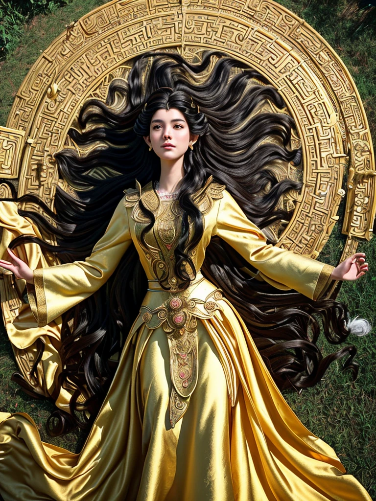 tall female goddess with perfect body, perfect face, royal robes, very long black curly hair, blowing hair. was drying clothes in the backyard of a magnificent palace. The goddess is surrounded by golden chakra rays, mystical aura, subtle wind elements. cinema art photography, cinematic film, 8k, super detail, bottom view, bottom camera angle