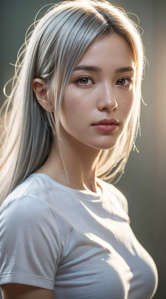 (photo realistic:1.4), (hyper realistic:1.4), (realistic:1.3), (smoother lighting:1.05), (increase cinematic lighting quality:0.9), 32K, 1girl, 19 year old girl, 172 cm tall, chest size 34D, ((long silver hair )), realistic lighting, backlighting, light on face, ray trace, (brightening light:1.2), (Increase quality:1.4), (best quality real texture skin:1.4), finely detailed eyes, finely detailed face, finely quality (gray eyes), (tired and sleepy and satisfied:1.0), face closeup, t-shirts, (Increase body line mood:1.1), (Increase skin texture beauty:1.1)