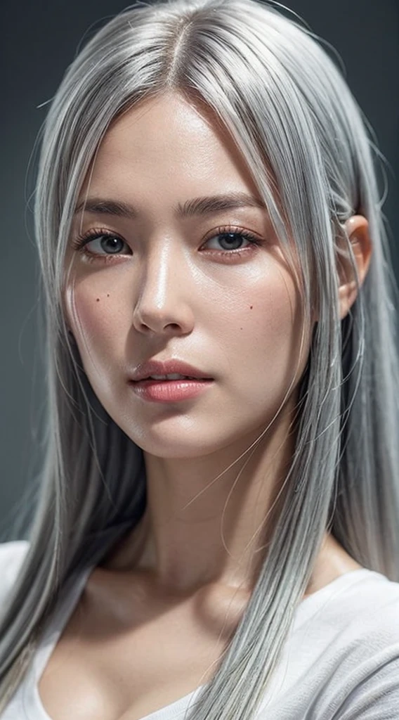 (photo realistic:1.4), (hyper realistic:1.4), (realistic:1.3), (smoother lighting:1.05), (increase cinematic lighting quality:0.9), 32K, 1girl, 19 year old girl, 172 cm tall, chest size 34D, ((long silver hair )), realistic lighting, backlighting, light on face, ray trace, (brightening light:1.2), (Increase quality:1.4), (best quality real texture skin:1.4), finely detailed eyes, finely detailed face, finely quality (gray eyes), (tired and sleepy and satisfied:1.0), face closeup, t-shirts, (Increase body line mood:1.1), (Increase skin texture beauty:1.1)