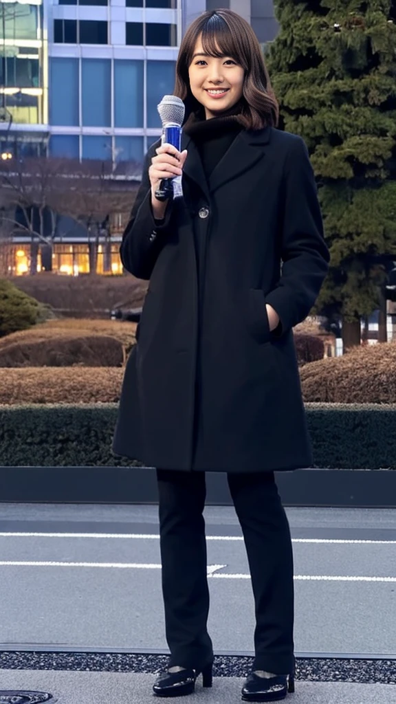 Full-body photo of a cute Japanese weather forecaster wearing a black pantsuit and coat,Medium Hair, pumps,A girl broadcasting live with a microphone in both hands,Broadcasting with a microphone outdoors in Tokyo in winter,Standing in front of Tokyo Station,wearing pumps and black tights,masterpiece