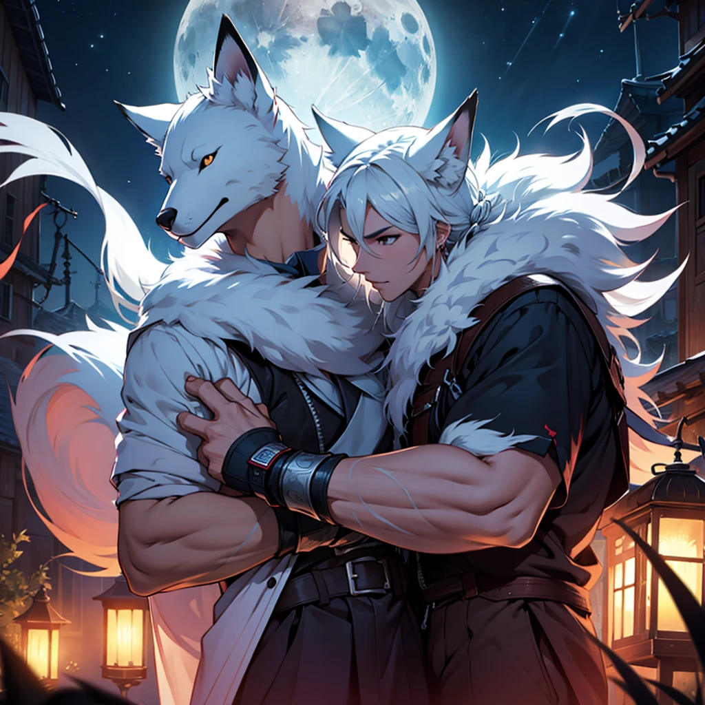 Moonlit night, A white fox with nine tails runs