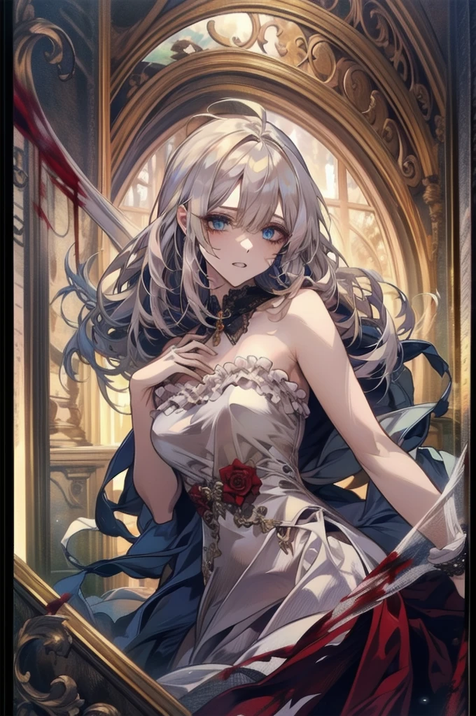 Official Art, ヨーロッパのmasterpiece女性,, Light silver hair , Blue Eyes, (masterpiece、Highest quality、High resolution: 1.4),In 8K, Anime Art Nouveau, Very detailed fan art, Anime fantasy illustration, clean Detailed anime art, Detailed anime art, Sharp focus of a person, delicate Beautiful Hair and Eyes and Face, Realistic, Ultra-detailed, garden,((delicate, delicateで可愛いhand)),((Elegant shiny dress)),((Lots of races)),((Lots of frills)),((Lots of ribbons))　Crazy Smile, 狂ったeye, A cute and luxurious hair band,(masterpiece:1.2, Highest quality), (Actual Photos, Intricate details), Scary atmosphere、Distorted facial expressions、Horror Art、Bloodの雨、Bloodを流す、Bloodしぶき、悪魔のeye、redいeye、scar、、火scar、whole body、Torn hair of a woman dressed in slave clothing、（Long Hair）、（eyeにかかる長さの前髪）、Black Hair、（（（eyeの下のクマ）））、青白いskin、Feeling unwell、Pathological、邪悪な笑face、狂ったeye、（Grin）Dramatic makeup，Create mixed media art、,Horror 1 Girl, Open_mouth, , red_eye, Blood, Tilt_red_skin, Injury, Blood_in addition_face, Bandaged_arm, Blood_in addition_zombie, Blood_in addition_hand　, Open your eyelids wide, The trend is all, mouthを大きくOpen, mouthを開けてteethをむき出しにする,獣のような鋭いteeth, Wide lips, 非常に広いmouth, Vermilion cheeks, blonde, Princess Cut, Ribbon hair ornament, brooch,  Otaku Room, Well-built body, Nice body, Ample breasts, Thick body,eyeを大きく開いて、Scary atmosphere、Distorted facial expressions、ねじれた笑face、Bloodまみれの、頭からの出Blood、Bloodしぶき、whole body、Long Hair、Long bangs、Well-built,Broad shoulders,I focus,(face),Messy Hair,いeye,(光るeye),(Bloodしぶき:1.6),red信号,笑face,big 笑face,teeth,psycho 笑face,gesugao,Dark city background,darkness,night,(close),良いeye, 良いteeth,サディスティックな笑face,,all,光沢のあるskin,詳細なface,Beautiful body,　whole bodyから湯気が出ている　Steam like a sauna room fills the screen...　mouthからの白い息　Luxurious lace long gloves