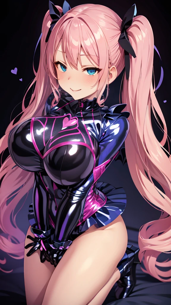 Erotic Tall, pink hair, curly hair, twin tails, drill, big breasts, adult, married woman Light blue sequin rubber suit, black background, hearts, bedroom, dark theme, evil, temptation, excitement, condescending smile, sexy pose, upper body emphasis, angle from below, white angel wings, angel, hands on knees