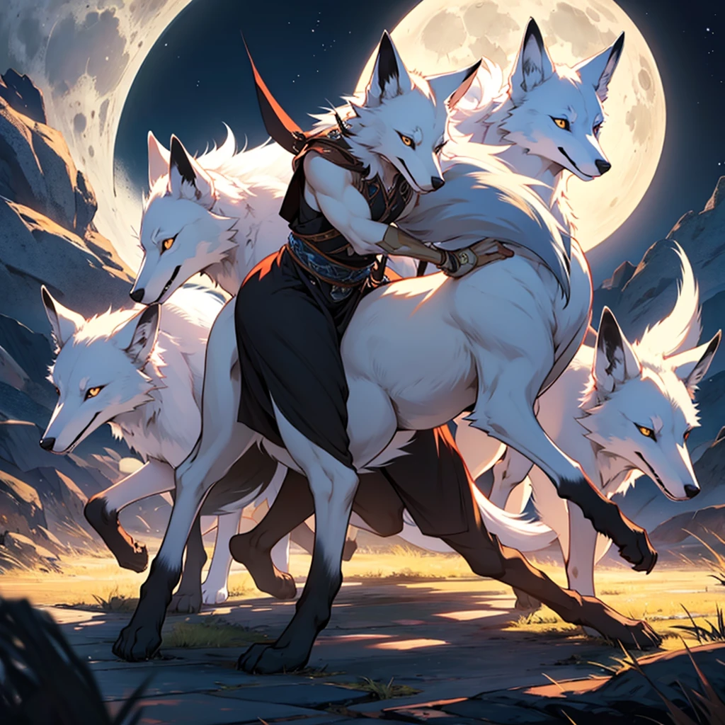 Moonlit night, A white fox with nine tails runs, Active fox behavior, angry fox