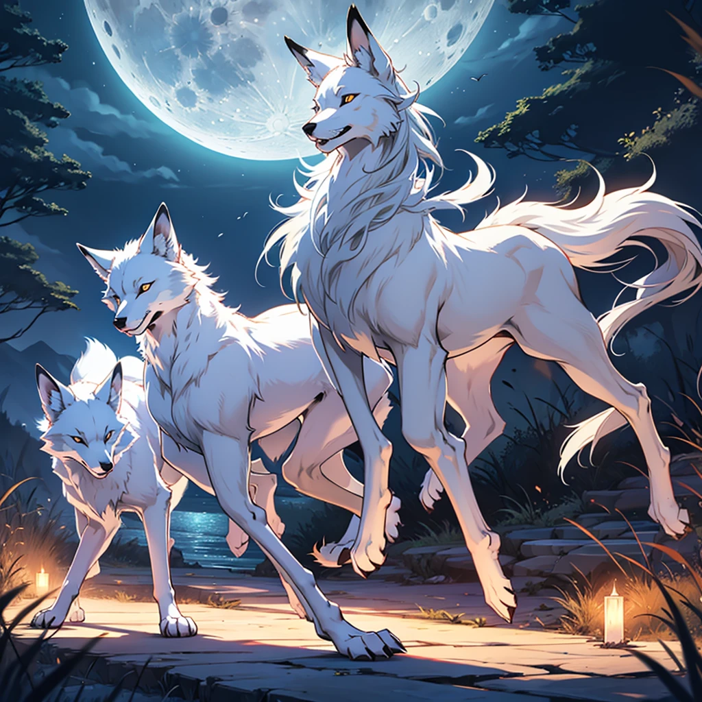 Moonlit night, A white fox with nine tails runs