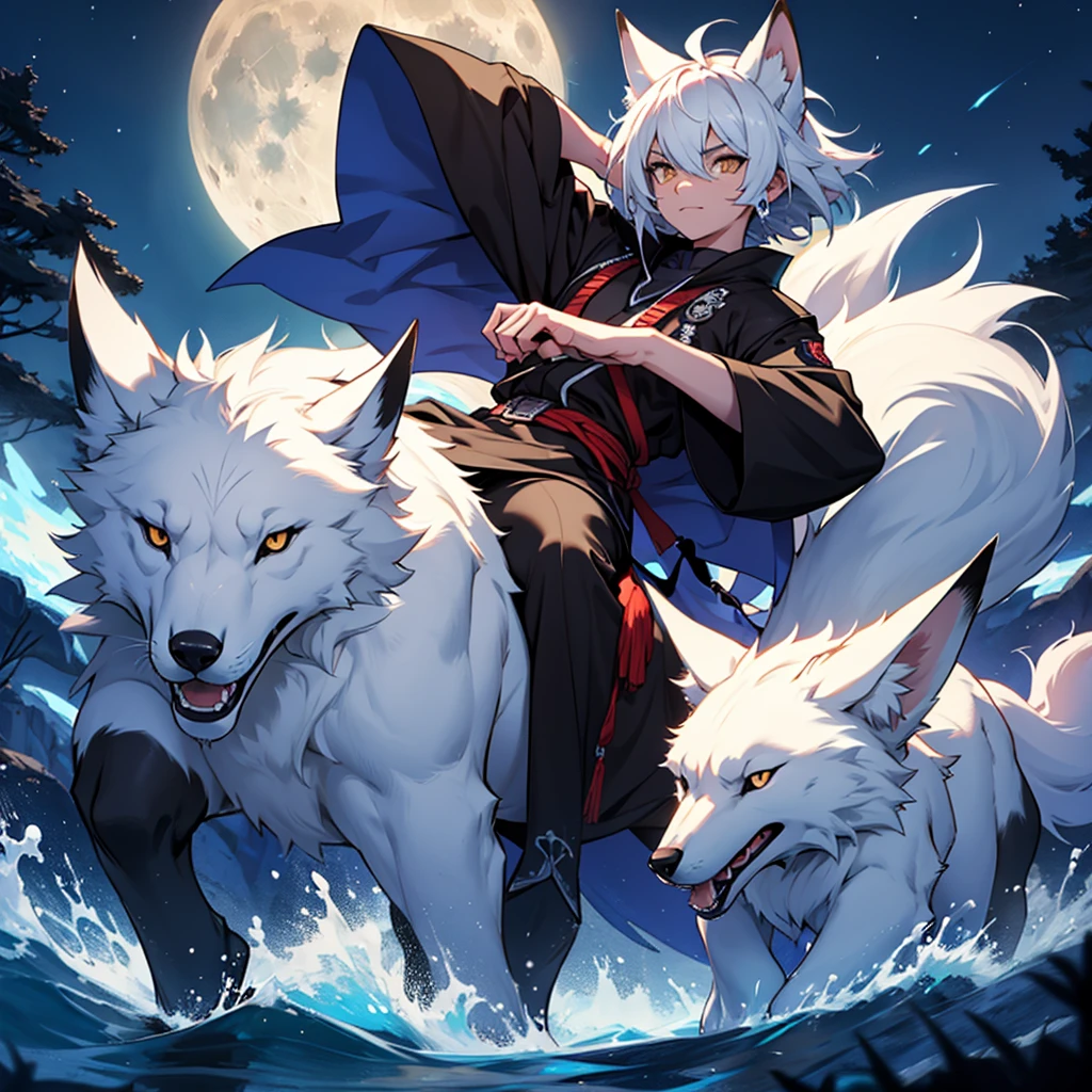 Moonlit night, A white fox with nine tails runs