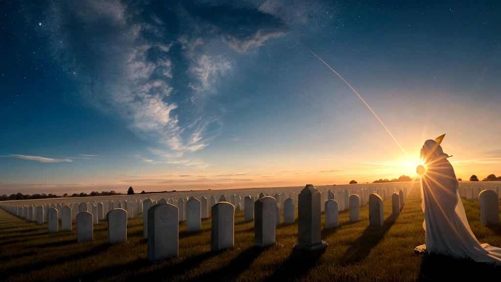 "A vast, open field at dawn, with graves opening and radiant, ethereal figures rising from them, symbolizing the resurrection of the body. The figures are bathed in a golden, heavenly light that contrasts with the dark, receding shadows of night. Angels are depicted in the sky, heralding this miraculous event with trumpets. The scene conveys a sense of awe, renewal, and the divine power of resurrection."