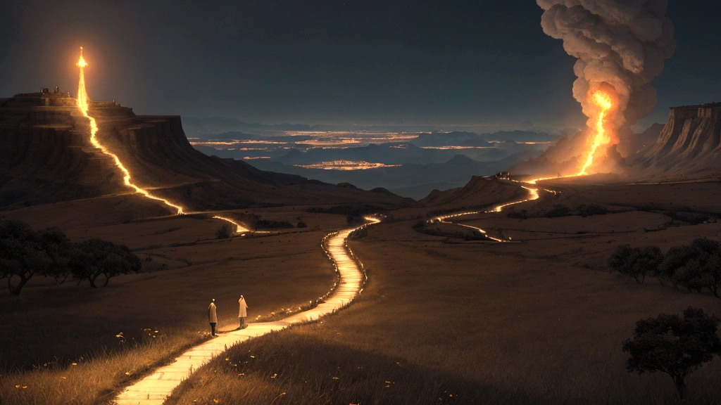 "A panoramic view showing two distinct paths diverging from a central point where souls are judged. One path leads to a radiant, lush landscape filled with light, symbolizing Heaven, where joyous souls ascend toward a heavenly city. The other path descends into darkness and flames, representing Hell, where anguished souls are led away by shadowy figures. This powerful visual contrast underscores the finality and significance of the judgment and the eternal destinies of the souls."
