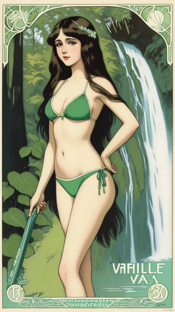 age girl, long brunette hair, light green bikini, graffiti text pattern, shapely, sexy, standing at waterfall. Antique Art Nouveau art by Raphael Kirchner. Vintage pastel color palette.