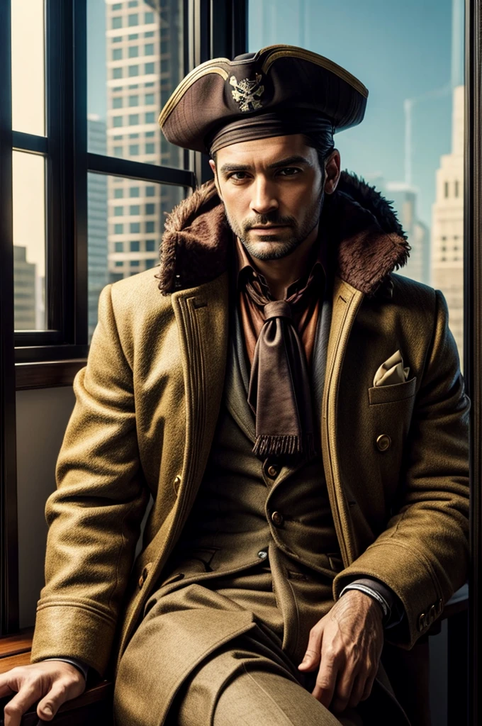 masterpiece, best quality, extremely detailed, hyperrealistic, photorealistic, a cool 40s man, ultra detailed face:1.2, fur-trimmed coat, scarf around the neck, his left hand is a golden pirate hook:1.1, ultra detailed office, the view from high-rise, landscape, sunshine, sly smile, sitting, dynamic pose