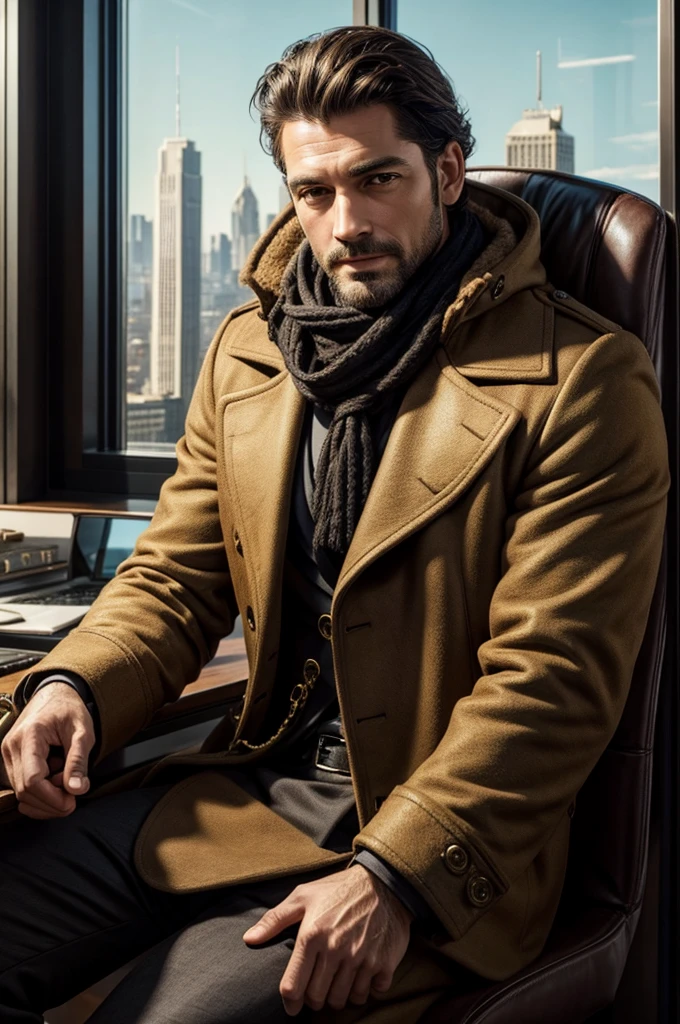 masterpiece, best quality, extremely detailed, hyperrealistic, photorealistic, a cool 40s man, ultra detailed face:1.2, fur-trimmed coat, scarf around the neck, his left hand is a golden pirate hook:1.1, ultra detailed office, the view from high-rise, landscape, sunshine, sly smile, sitting, dynamic pose