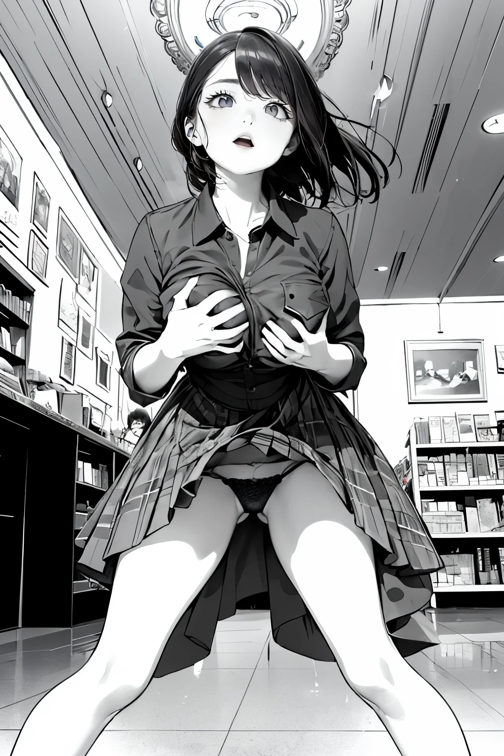 (depicting a single moment from a manga for adults), (hand-drawn), ((colored simple line art)), ((manga-style background)), (a housewife, drooping eyes, realistic skin), (focus on her panties with all sorts of pattern, ecstasy, (pubic-hair), shame, standing and spread her legs, (((touching her crotch or breast with her hand))), (in the mall, floor, ceiling, shelf, counter, place many people pass),