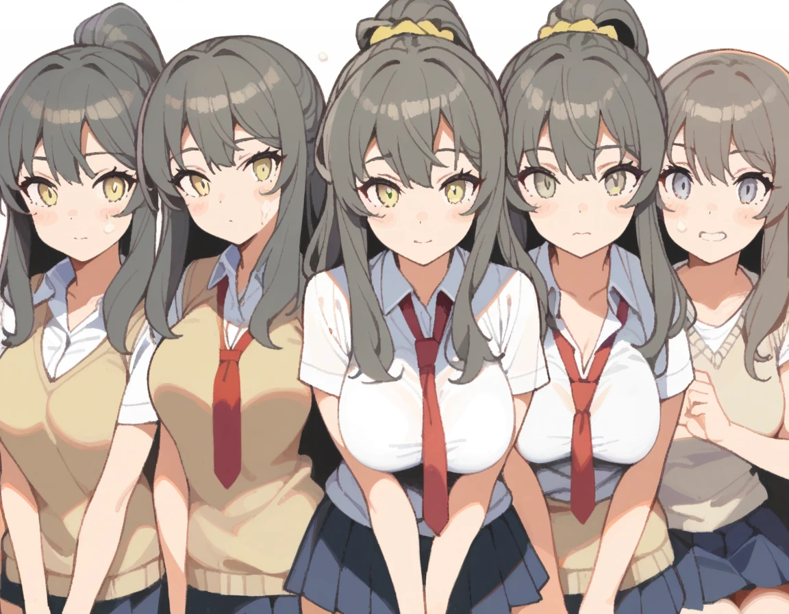 1girl, futaba rio, seishun buta yarou, Ash gray hair, massy hair, large breasts, skinny, , ponytail, hair_scrunchie, sweater vest, beige vest, white shirt, short sleeved shirt, red tie, pleated skirt, black high socks, loafers , tegaki, multiple boys multiple penis, (cum, cum on hair, cum on clothes, excessive cum, pojecile cum, facial, bukkake,  from multiple cocks, face in large amounts of semen:1.4), 
kneeling, closed mouth , from above, close eyes, frown, disgusted face, Mosaic on the crotch, 
masterpiece, best quality, very aesthetic, absurdres, highly detailed