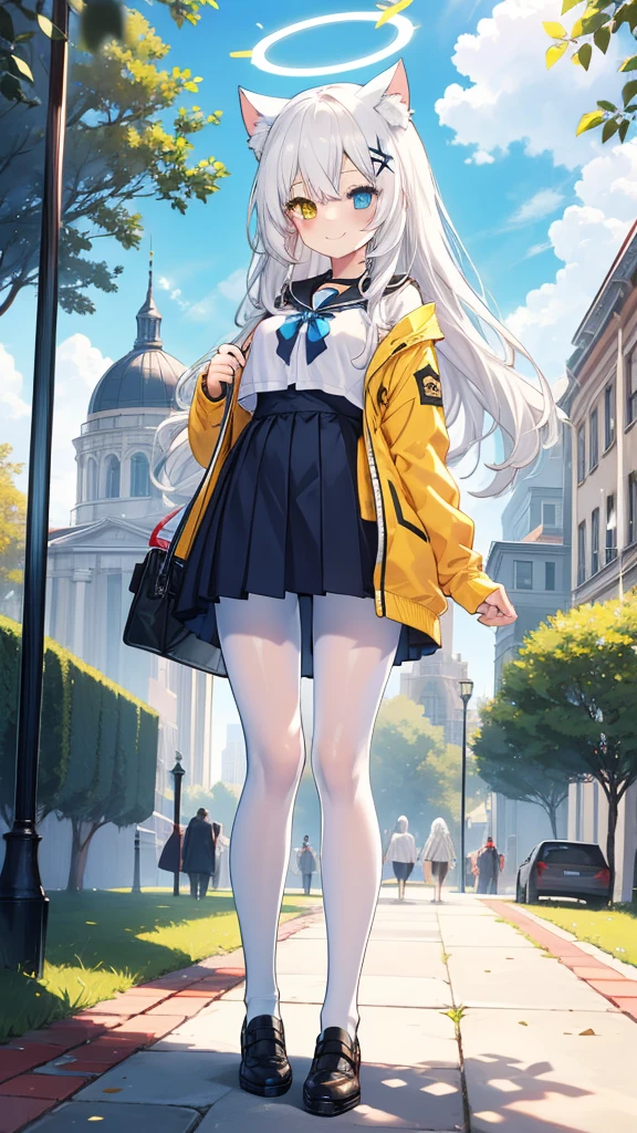 White hair,Long hair,Cat ear,Heterochromia(Blue on the left and yellow on the right),Campus clothing,White pantyhose,Loli body type,Smile,Halo,in the park