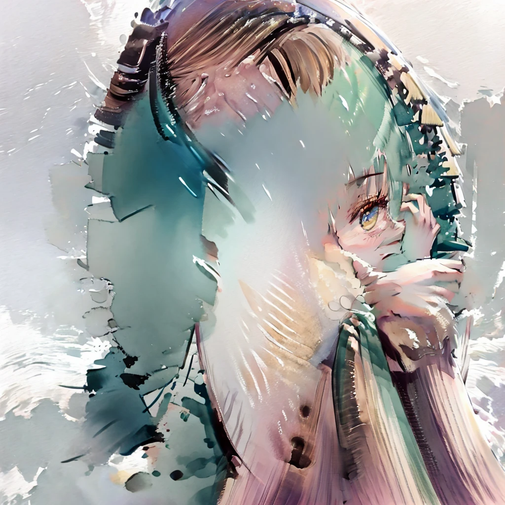 Watercolor、black background, flat background, masterpiece, best quality, high quality, highres, absurdres, , , happy, smiling, laughing, looking back, side tail, blunt cut, hime cut, ahoge, shiny hair, white hair, pink eyes, slant eyes, with heart-shaped eyes, fair skin, blouse, frilled clothing, mini skirt, hair ribbon, earrings, ribbon, kawaii, cute, underlighting, vibrant colors, highly saturated colors, light colors, bright colors, Light_Pink, --Niji