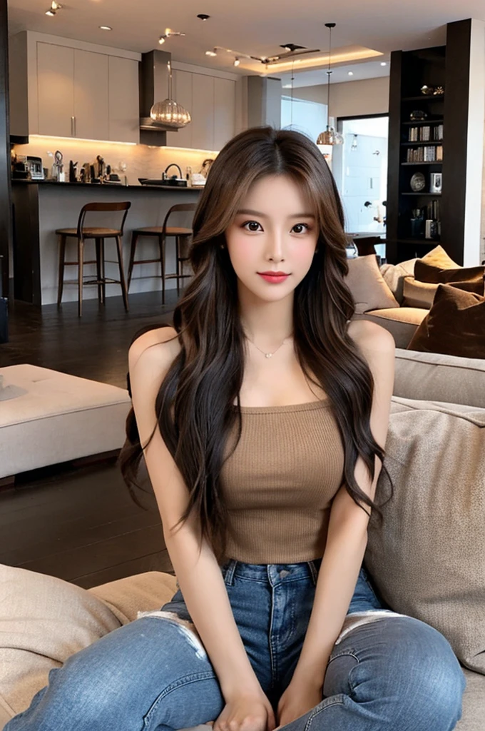Generate an image of a stunning 20-year-old Asian woman with beauty akin to a goddess of the fire element. She has big brown eyes, dark brown hair, glowing skin, and an attractive appearance. She is wearing a beautiful top paired with blue skinny jeans. The woman is sitting sweetly on a living room sofa, her posture relaxed and inviting, surrounded by cozy and elegant decor.