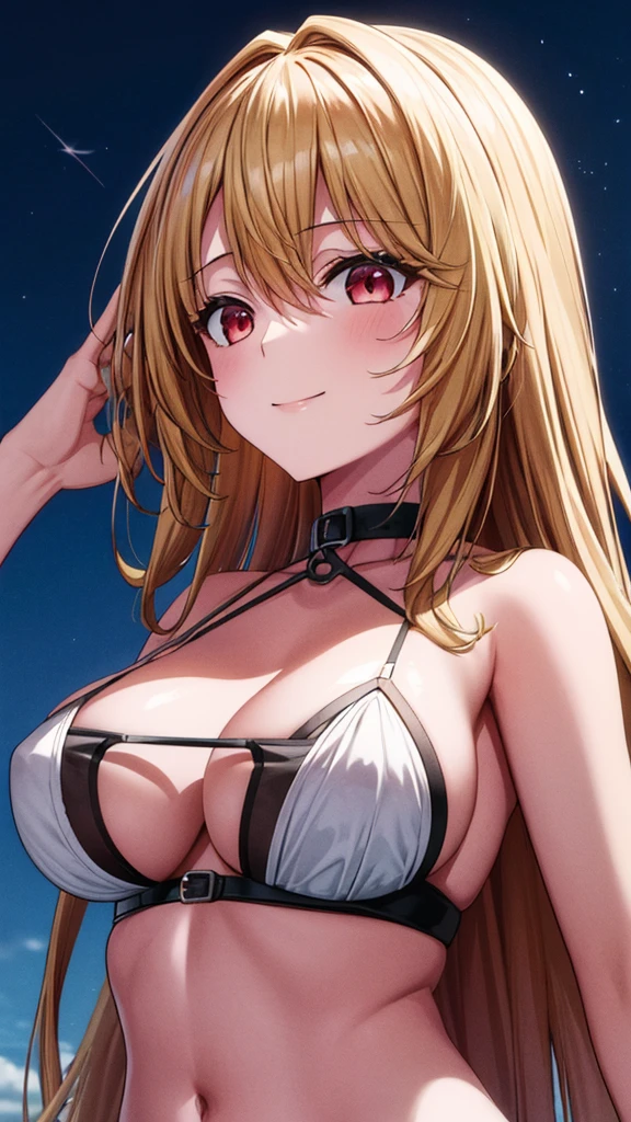 (masterpiece:1.2), (best quality:1.1), (8k, ultra detailed, ultra high res:1.2), ((anime style)), (perfect 5 fingers:1.1), perfect anatomy,
1girl,
BREAK long hair, wavy hair,
blonde hair,
red eyes, empty eyes, smile,
medium breasts,
bikini, white bikini,
BREAK looking at viewer,
upper body, outdoor, outside, shining sky, distant horizon, clouds, natural beauty, (night sky:1.5), (summer triangle:1.5),