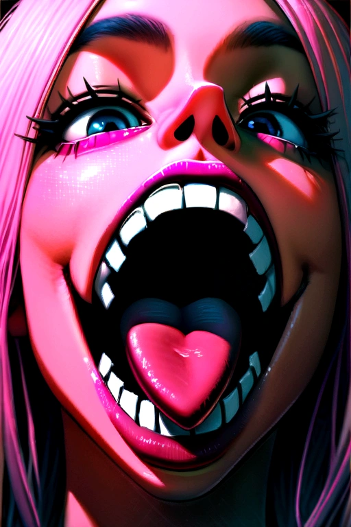 masterpiece, upper body, portrait, centered, 1girl, jinxlol, crazy smile, tongue out, sharp teeth, (simple pink background), 8K,