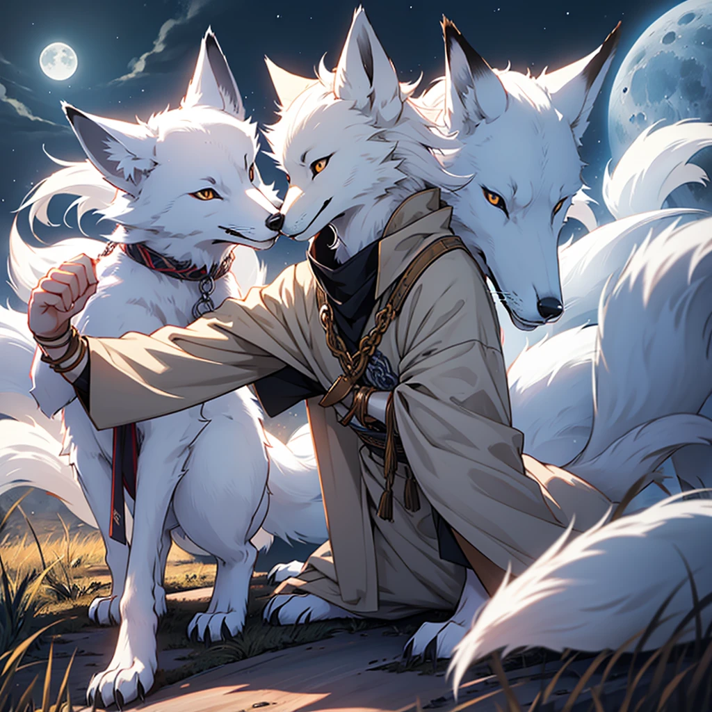 Moonlit night, A white fox with nine tails runs, Active fox behavior