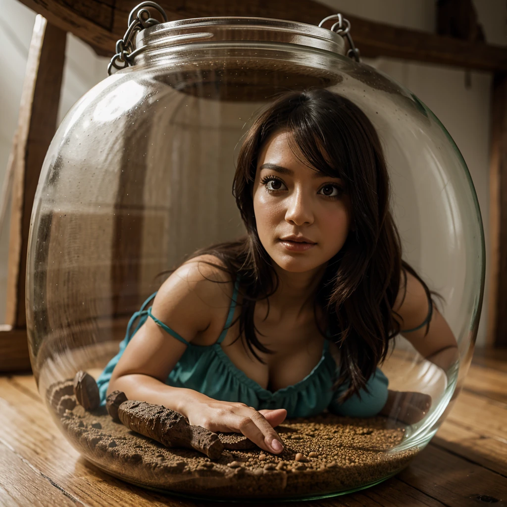a small fairy woman trapped in a glass jar, an enormous woman holding the jar in the palm of her hand, fantasy world, beautiful fairy, highly detailed woman