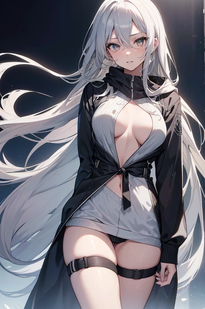 1girl, {Solitary}, Upper Body ,{{ {Watching at viewer}}}, Arms at your sides, Concept Art, white Background, simple Background, White hair, Silver gradient hair , Composite cloth, Asymmetrical clothes, Virtual YouTuber, best quality, masterpiece, Dynamic Angle, , cowboy_shooting, Watching_Back, grab, girl,Miss,woman, young,20 years old, Very long hair, Hair Flip, Silver Hair, Flowing hair, Ahog, giggle, Beautiful and delicate golden eyes, teeth, Large Breasts, Blonde eyes, White skin, hoodie, Black_shorts, Gray clothes, transparent_Background, Backlighting, absurd, high resolution, Extremely detailed,sweater,No pants