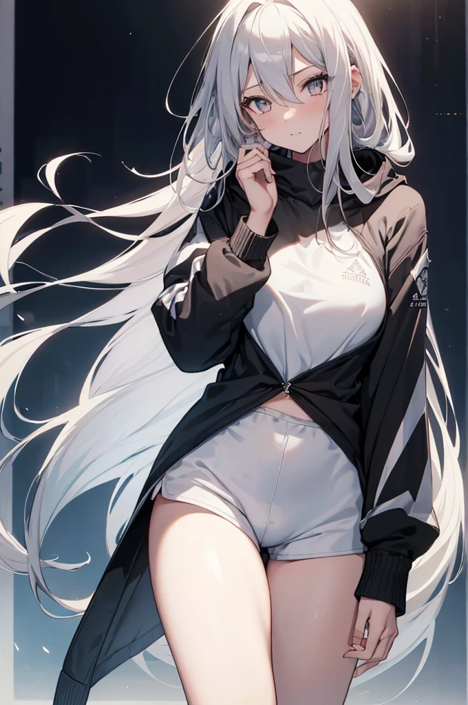 1girl, {Solitary}, Upper Body ,{{ {Watching at viewer}}}, Arms at your sides, Concept Art, white Background, simple Background, White hair, Silver gradient hair , Composite cloth, Asymmetrical clothes, Virtual YouTuber, best quality, masterpiece, Dynamic Angle, , cowboy_shooting, Watching_Back, grab, girl,Miss,woman, young,20 years old, Very long hair, Hair Flip, Silver Hair, Flowing hair, Ahog, giggle, Beautiful and delicate golden eyes, teeth, Large Breasts, Blonde eyes, White skin, hoodie, Black_shorts, Gray clothes, transparent_Background, Backlighting, absurd, high resolution, Extremely detailed,sweater,No pants