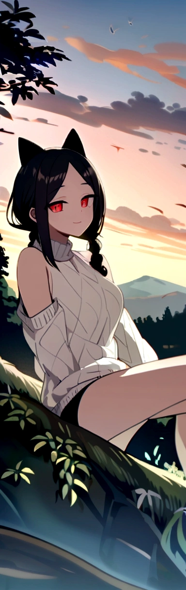 Masterpiece,of the highest quality,High resolution ,1 girl,rapid eye movement, d zero, ,((long hair slightly wavy slightly past the shoulders, black bangs, small black pigtails on the sides, cute cat ears, beautiful thin red eyes)),,big breasts,White skin,((sweater,Transparent)),((raya)),((sweater only)),bags under the eyes,SMILE,animal ears,Chemomimi,happiness,bare shoulders,magnificent々new,beautiful,((beautiful paisaje))