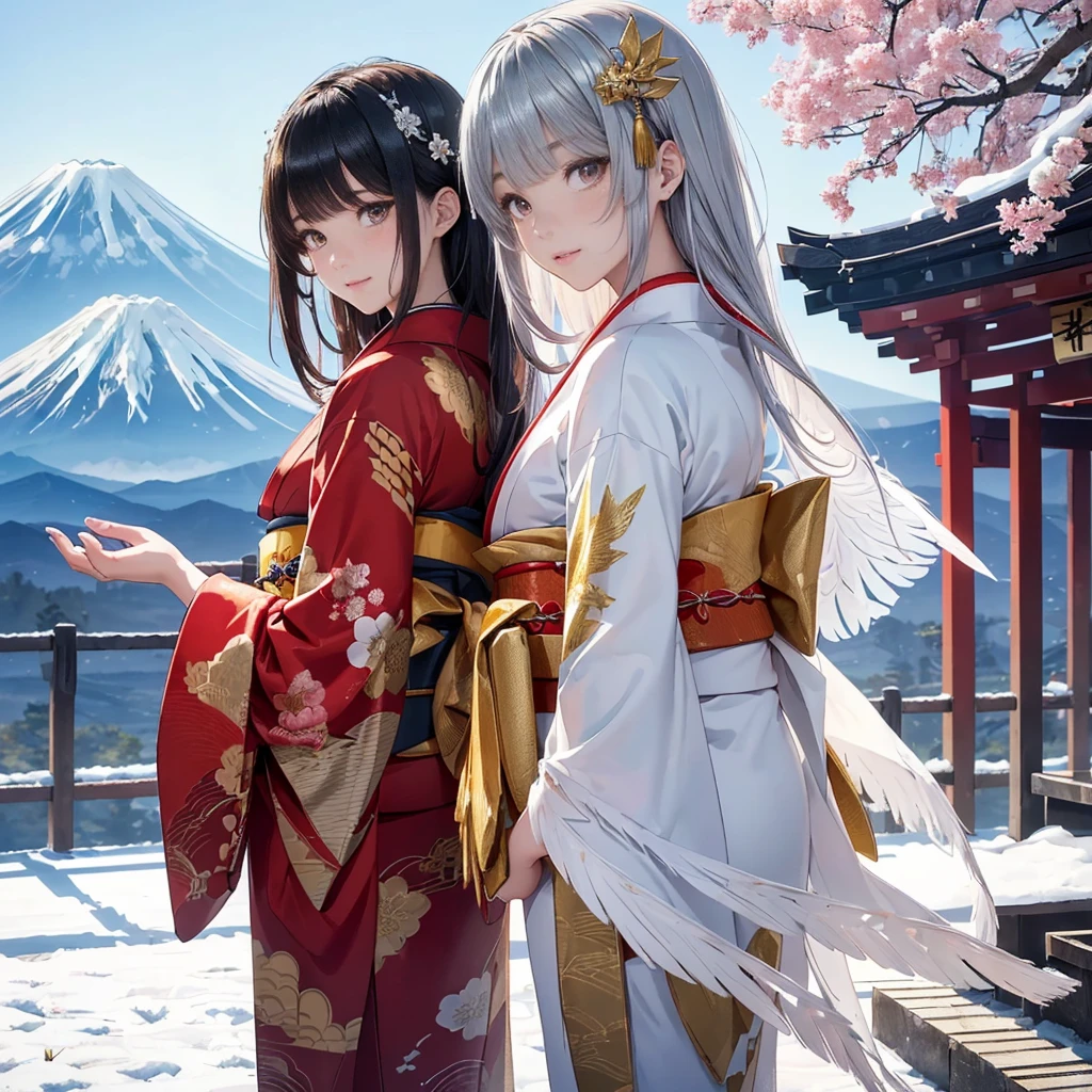 ((8K, RAW Photos, Highest quality, masterpiece)),((Showing the kimono from the obi up:1.5)), High-resolution RAW color photos、
Professional close-up photography, (Realistic, フォトrealism: 1.37),
(Highest quality), (Best Shadow), (Best illustrations),
High-quality images、Skin Radiance、Texture of skin and clothing、
Expression of fine eyes、Shiny Hair,Long Hair Girl, Manga inspired by Lee Jong-suk,
Trending on deviantart, realism, detailed manga style, Manga art style,
Perfect Line Drawing, Beautiful line art, digital manga art girl, K-POPアイドル,
Beautiful brown eyes, Fuller lips, Gorgeous face with attention to detail,
(Cute Smile), attractive, Innocent, (Perfectly detailed face),
(Detailed and carefully drawn hand) Photorealistic images, Written boundary depth,
(Japanese style princess cut hairstyle:1.5),
best quality, masterpiece, New Year,
((Kimono with strikingly beautiful colorful colors, red, Silver, gold:1.7)),
Three Japanese high-school cute girls, ((looking straight:1.5)),
gently smiling,
((upper arms hidden by clothes and hair)),
(innocent and pure high-school-girls:1.7)
((white short scarf)), ((white feather shawl)),
(separately side by side:1.4),
shrine background, (mount Fuji:1.3), ((snow))
winter(season), (outdoors:1.5)
